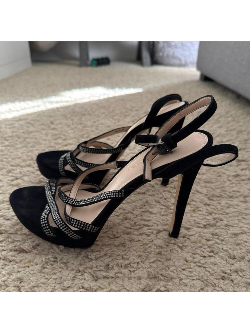 Pelle Moda Platform Heeled Sandals Black Rhinestone 6.5 stiletto